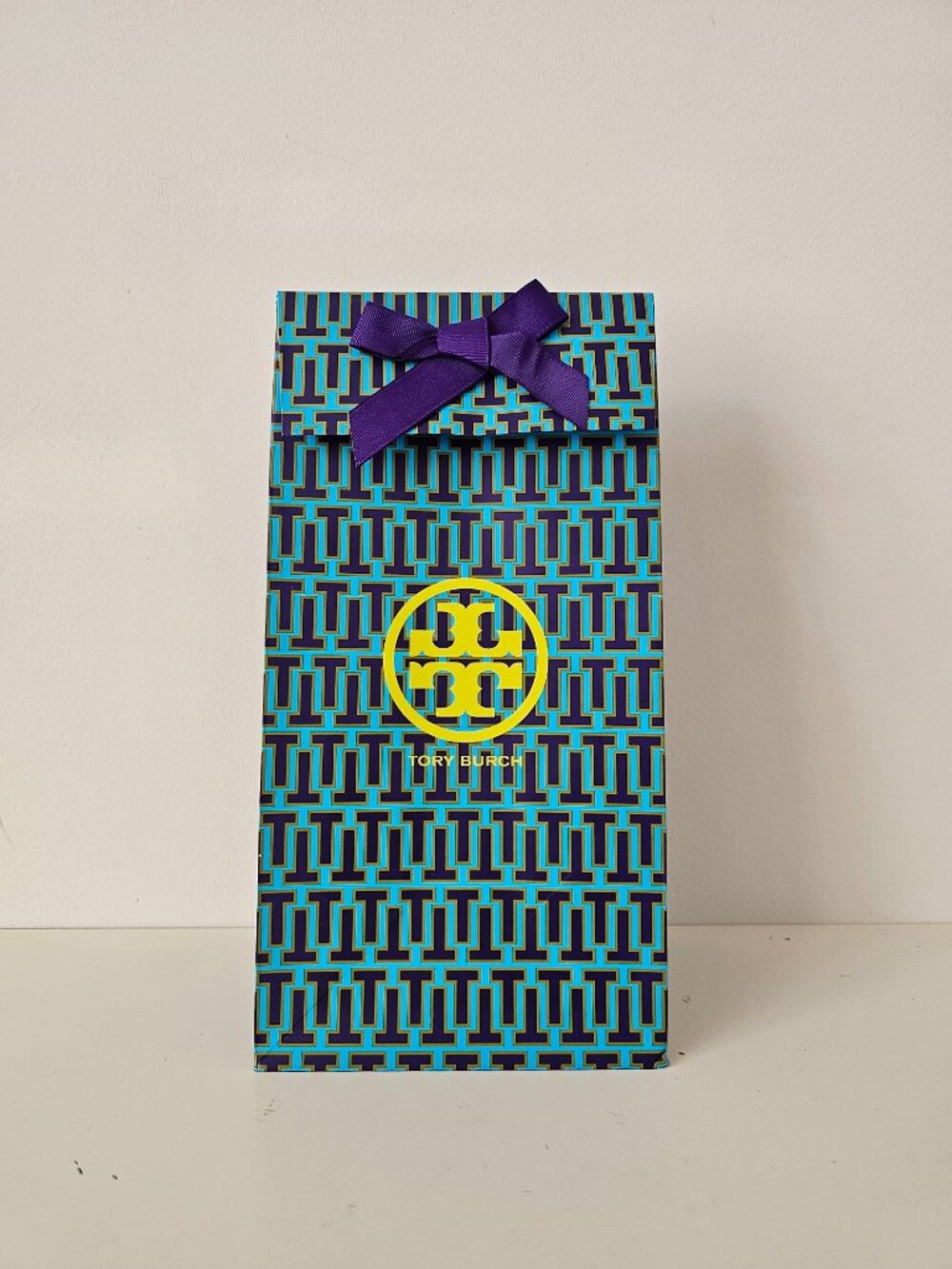 New TORY BURCH Blue Purple Teal Gift Wrap Box w/ Bow Tie, 13" x 6.7"5 x 4.75"